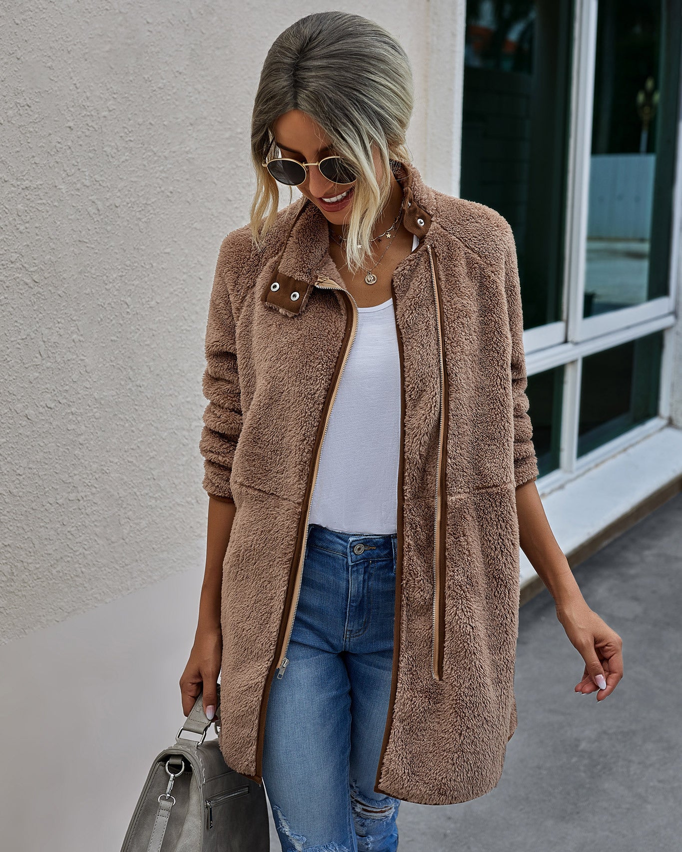 Manteau d'hiver en polaire pour femme avec pochette