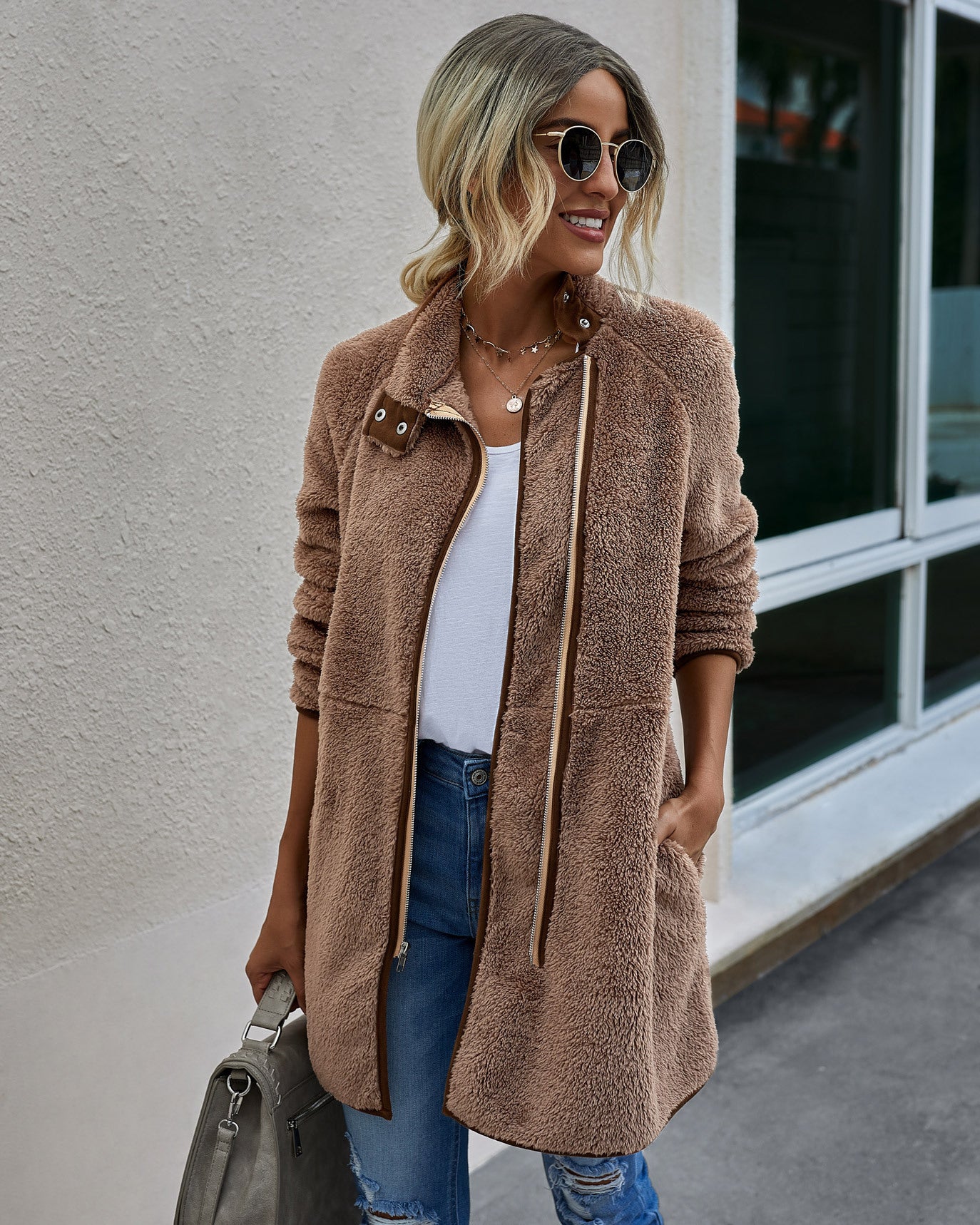Manteau d'hiver en polaire pour femme avec pochette