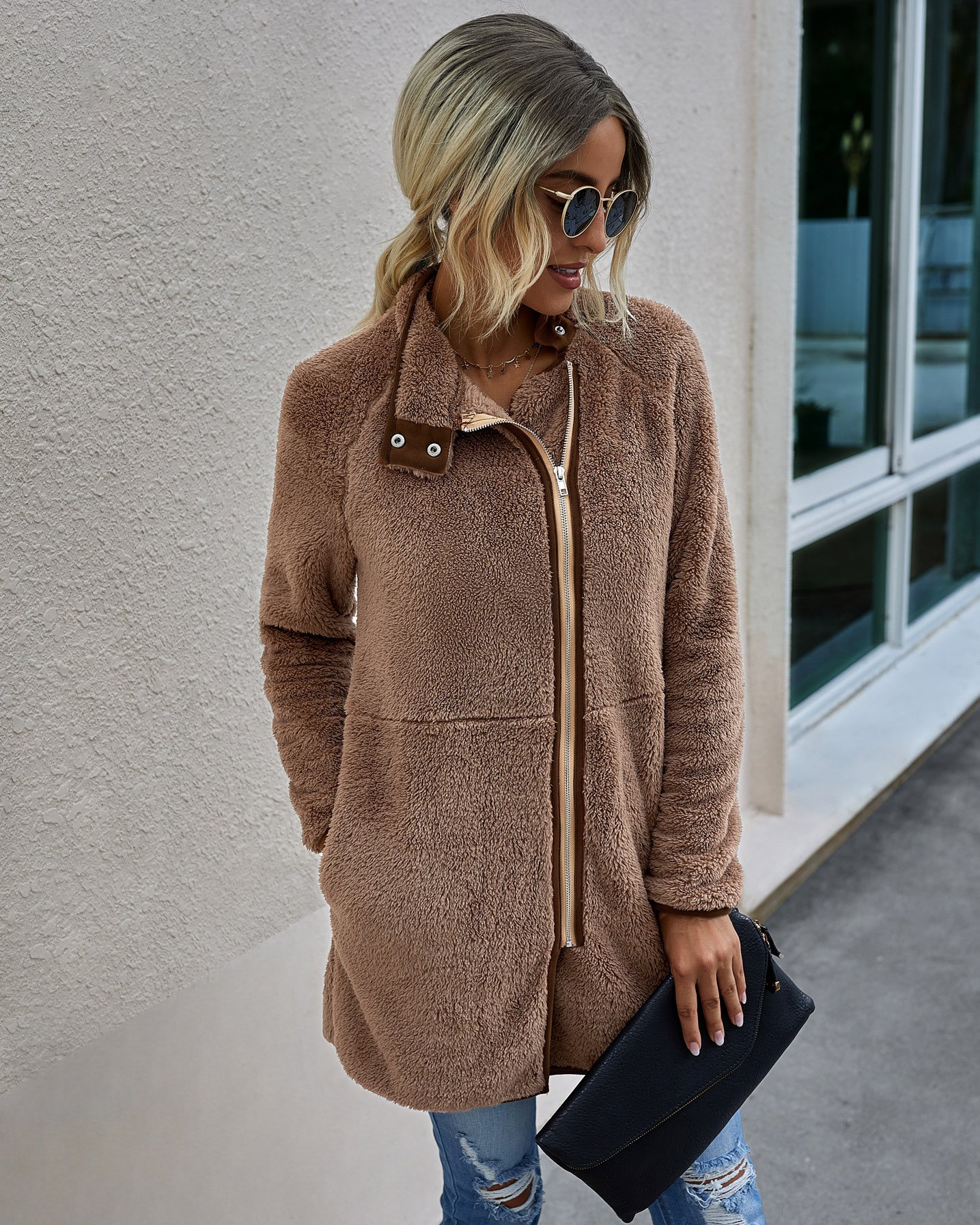 Manteau d'hiver en polaire pour femme avec pochette