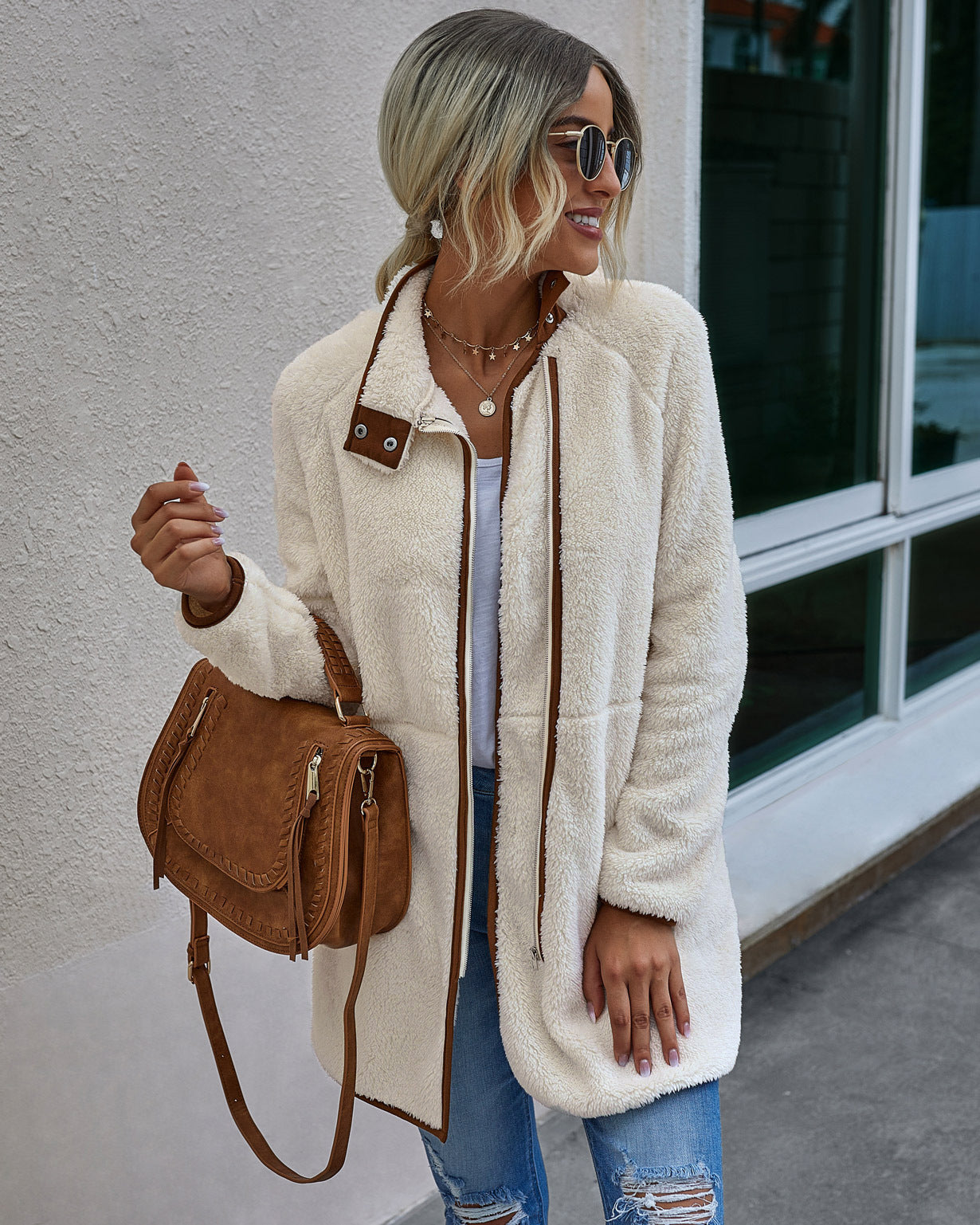 Manteau d'hiver en polaire pour femme avec pochette