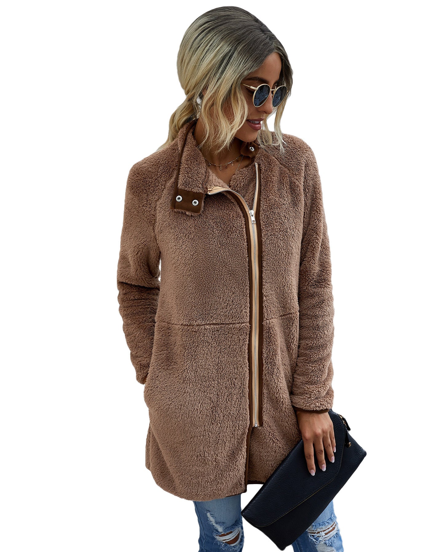 Manteau d'hiver en polaire pour femme avec pochette