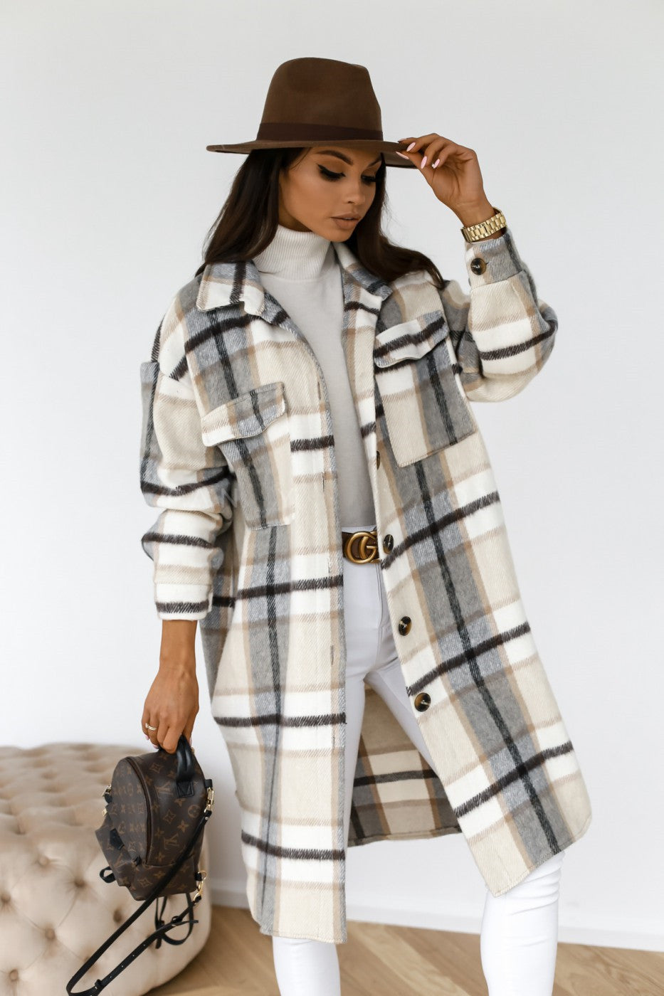 Manteau en laine à manches longues Karierter