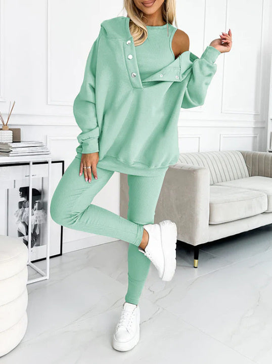**Damen 3-teiliges Sportset: Kapuzenpullover mit Taschen, Weste & Slim-Hosen**