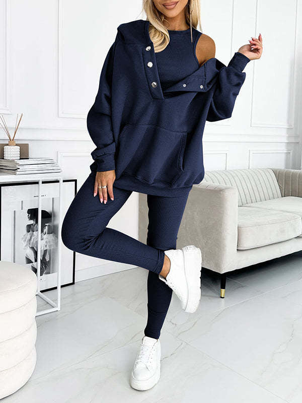 **Damen 3-teiliges Sportset: Kapuzenpullover mit Taschen, Weste & Slim-Hosen**