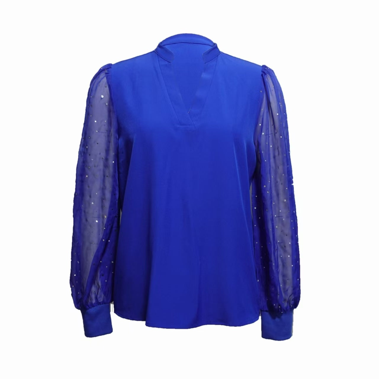Glamouröses Damen-Langarmshirt mit V-Ausschnitt, Mesh und Glitzersteinen