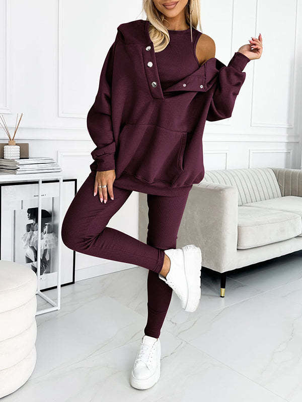 **Damen 3-teiliges Sportset: Kapuzenpullover mit Taschen, Weste & Slim-Hosen**