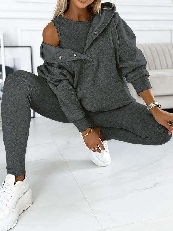 **Damen 3-teiliges Sportset: Kapuzenpullover mit Taschen, Weste & Slim-Hosen**