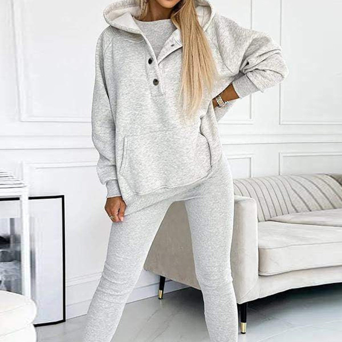 **Damen 3-teiliges Sportset: Kapuzenpullover mit Taschen, Weste & Slim-Hosen**