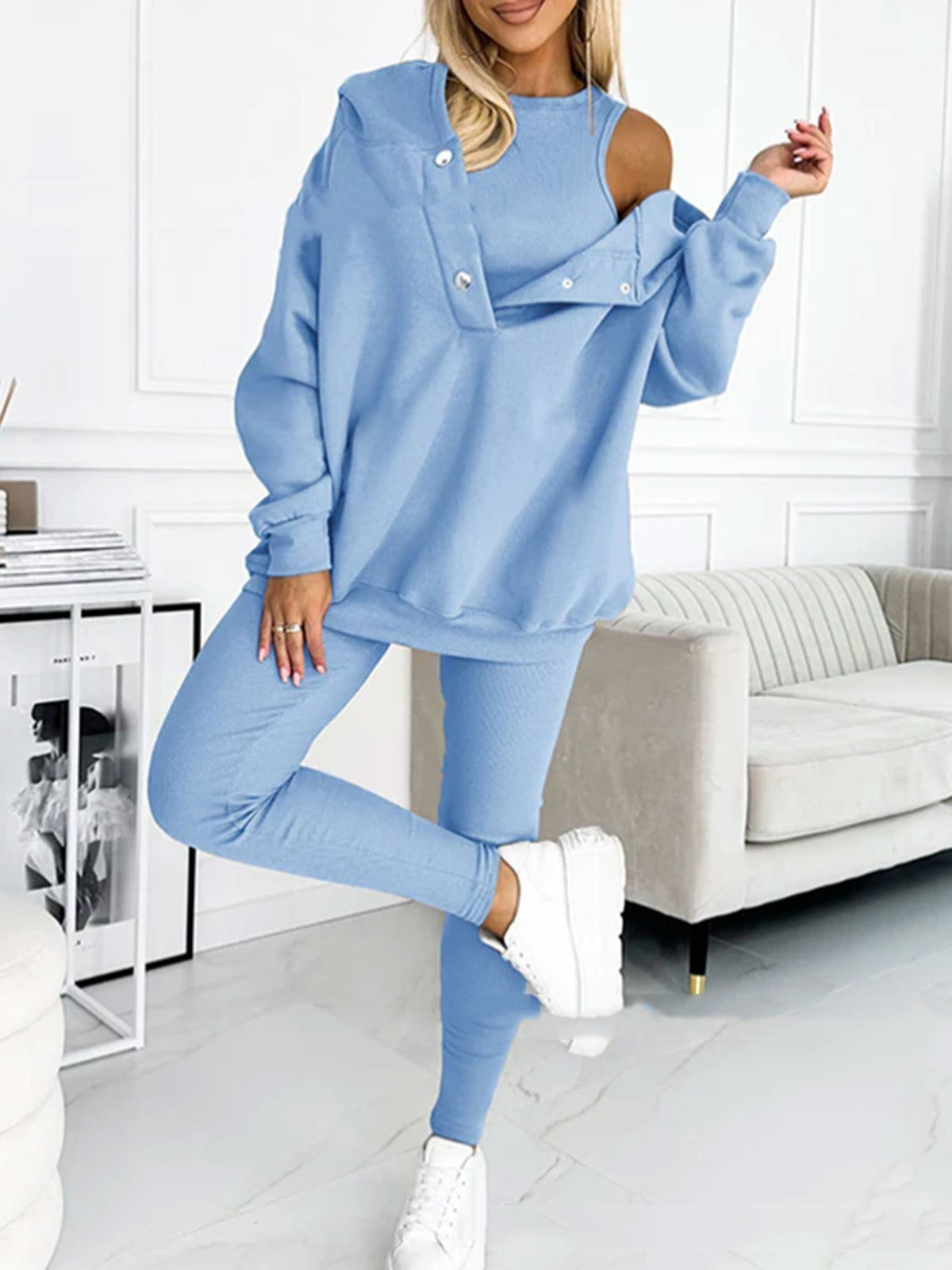 **Damen 3-teiliges Sportset: Kapuzenpullover mit Taschen, Weste & Slim-Hosen**
