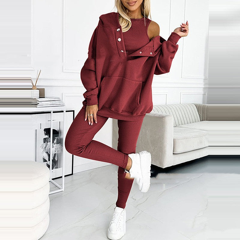**Damen 3-teiliges Sportset: Kapuzenpullover mit Taschen, Weste & Slim-Hosen**