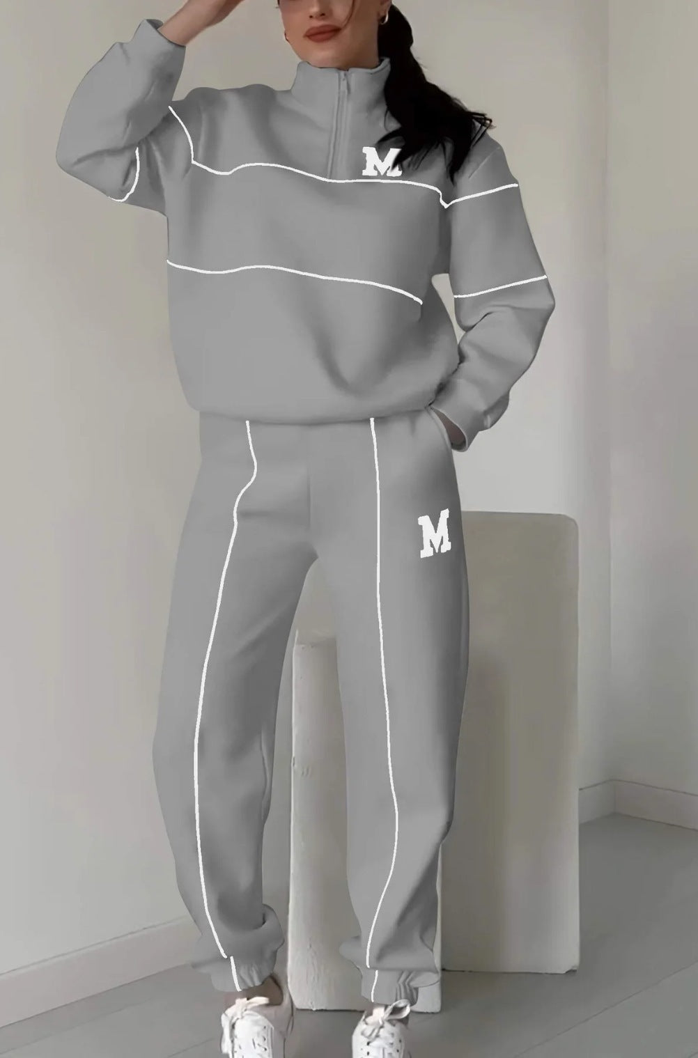 2-teiliges Lounge-Outfit für Damen, Pullover ohne Kapuze, Trainingsanzug-Set, Sweatshirt, Baggy-Mode, Jogginghose mit Taschen