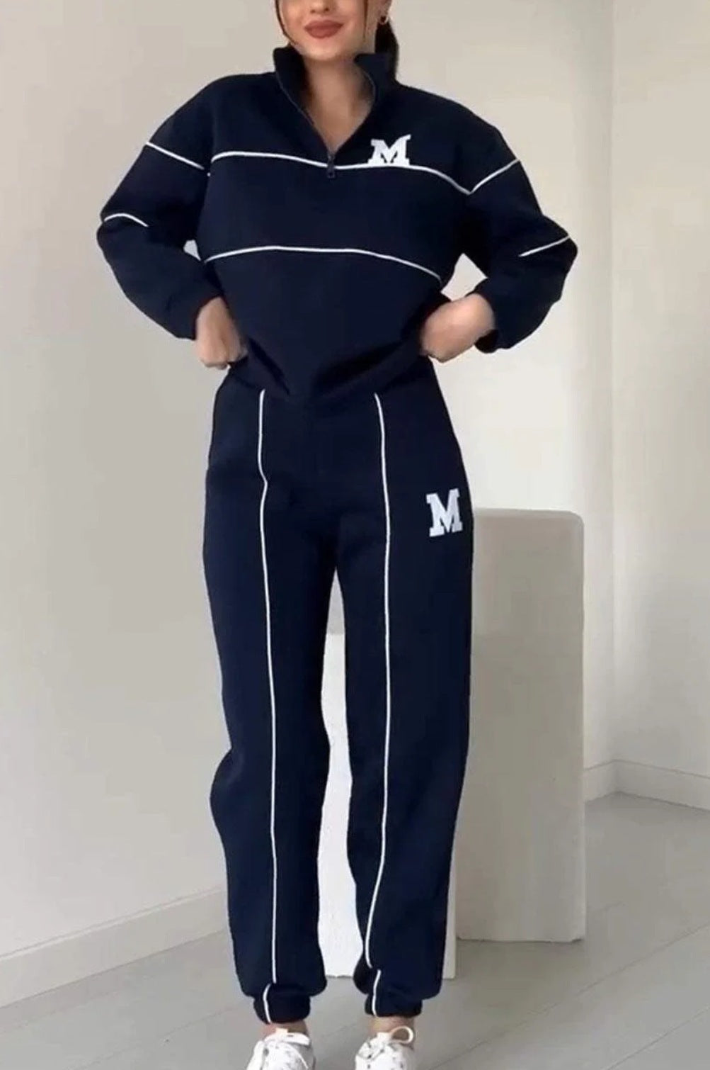 2-teiliges Lounge-Outfit für Damen, Pullover ohne Kapuze, Trainingsanzug-Set, Sweatshirt, Baggy-Mode, Jogginghose mit Taschen