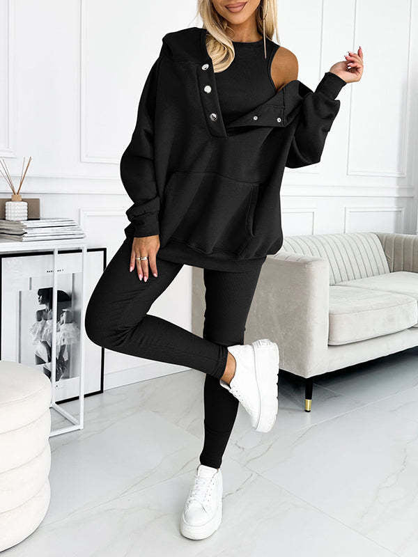 **Damen 3-teiliges Sportset: Kapuzenpullover mit Taschen, Weste & Slim-Hosen**