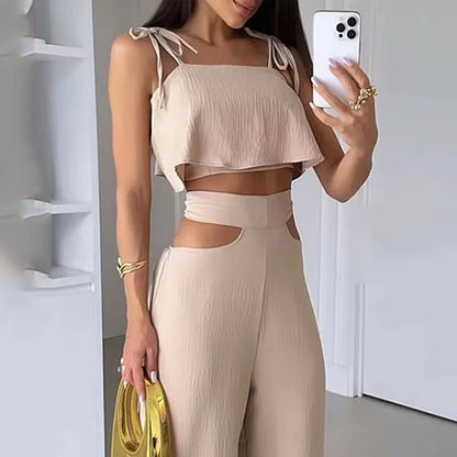 Sets for Women 2 Pieces Summer Fashion Solid Sleeveless Sling Lace up Short Top Loose High Waist Wide Legs Cutout Pants