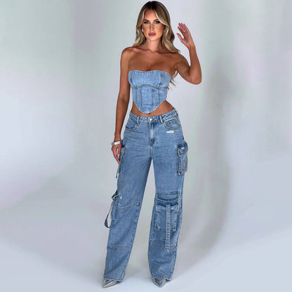 Costume pour femme taille basse haut tube tridimensionnel et pantalon en jean à coutures de poche