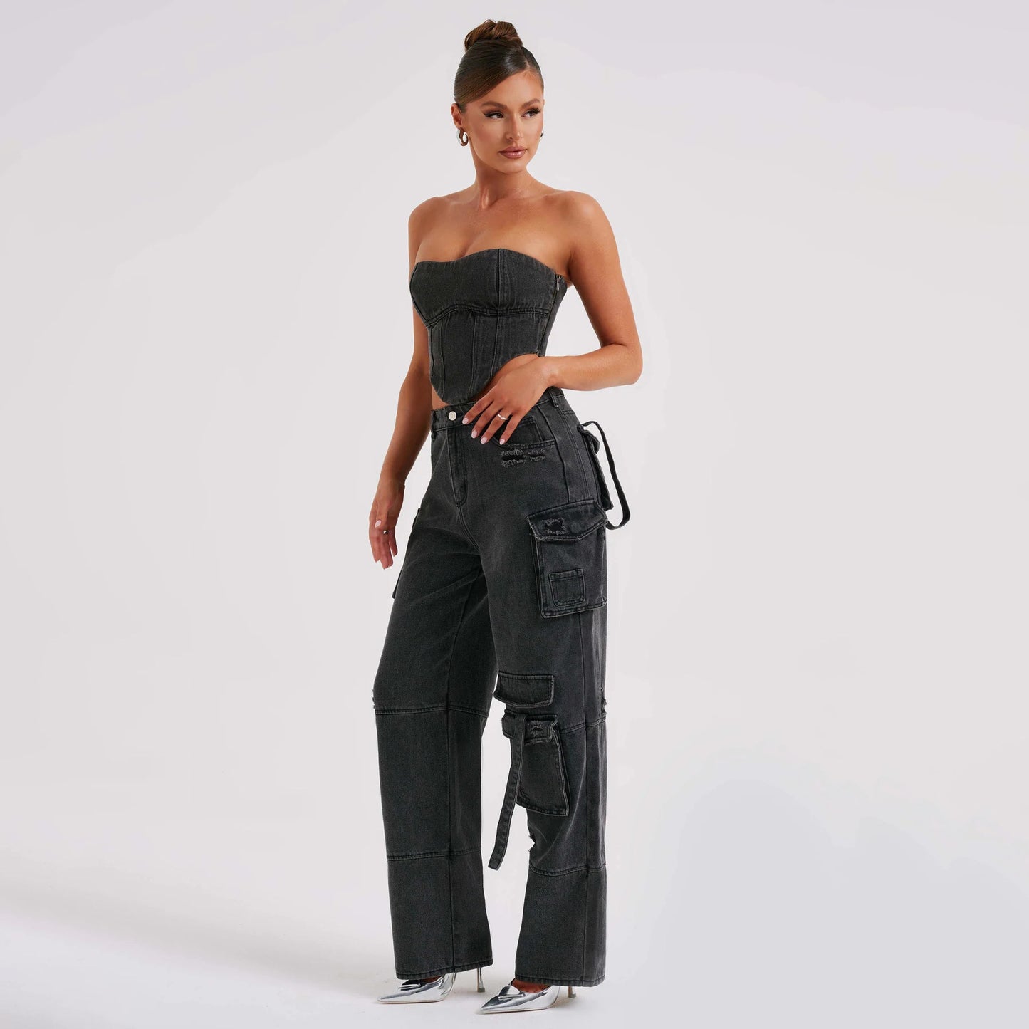 Costume pour femme taille basse haut tube tridimensionnel et pantalon en jean à coutures de poche