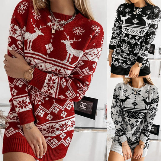 Elk Snowflake Christmas Knit Dress