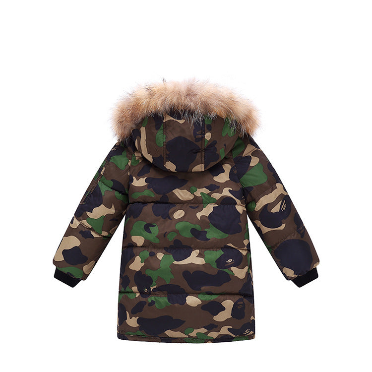 **Kinder Daunenjacke: Camouflage, Abnehmbarer Fellkragen, Dick und Warm**