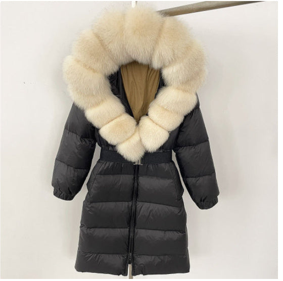 Manteau long à capuche et col en vraie fourrure de renard pour femme