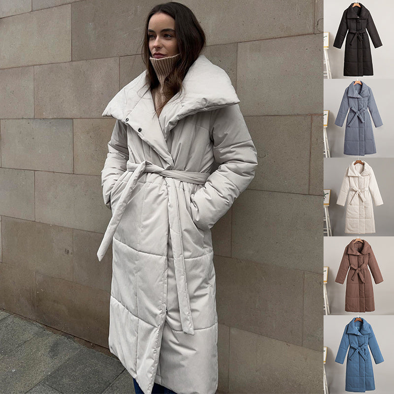 **Modischer Langmantel mit Revers : Winter Baumwolljacke für Damen mit Taschen und Schnürdesign**