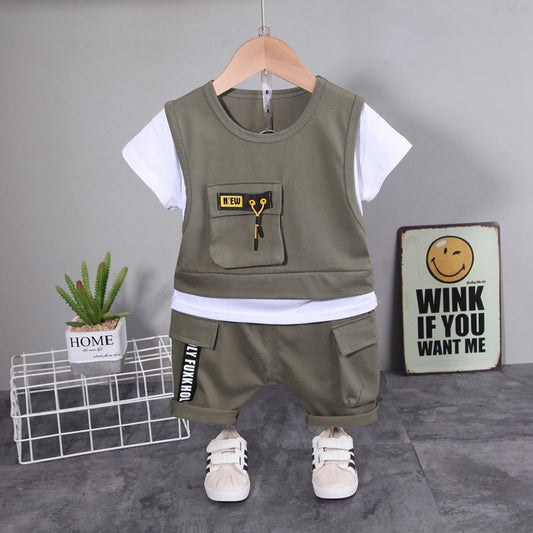 Jungen Patchwork Rundhals Kurzarm Anzug Shorts