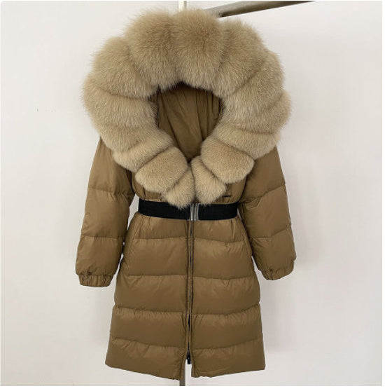 Manteau long à capuche et col en vraie fourrure de renard pour femme