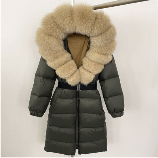 Manteau long à capuche et col en vraie fourrure de renard pour femme