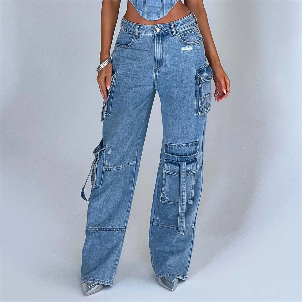 Costume pour femme taille basse haut tube tridimensionnel et pantalon en jean à coutures de poche