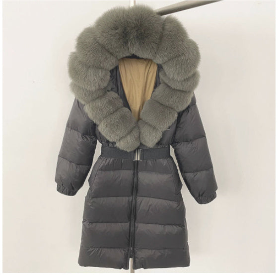 Manteau long à capuche et col en vraie fourrure de renard pour femme