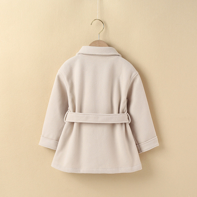 New Girls' Korean-style Fashionable Autumn And Winter Beige Casual Coat Children Fashionable Stylish Mid-length Woolen Coat