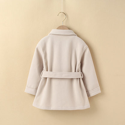 New Girls' Korean-style Fashionable Autumn And Winter Beige Casual Coat Children Fashionable Stylish Mid-length Woolen Coat