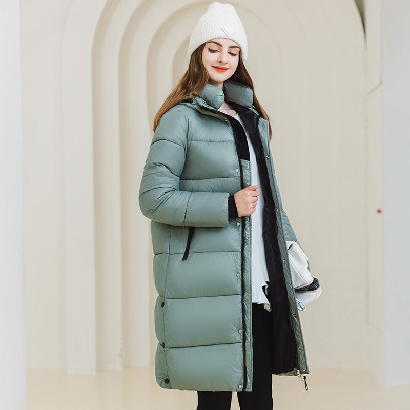 Winter Warm Hooded Coat With Pockets Fashion Simple Long Cotton Jacket Solid Color Outwear Women's Clothing