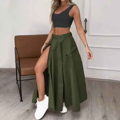 2 Piece Set Women Stylish Solid round Neck Sleeveless High Waist Vest Slim Top Loose with Pockets Zipper Long Skirt Sets