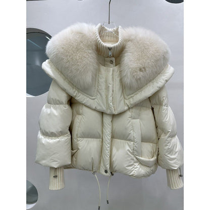 Doudoune courte en duvet de canard blanc avec col en fourrure de renard haut de gamme pour femme, manteau léger de luxe, ample et chaud