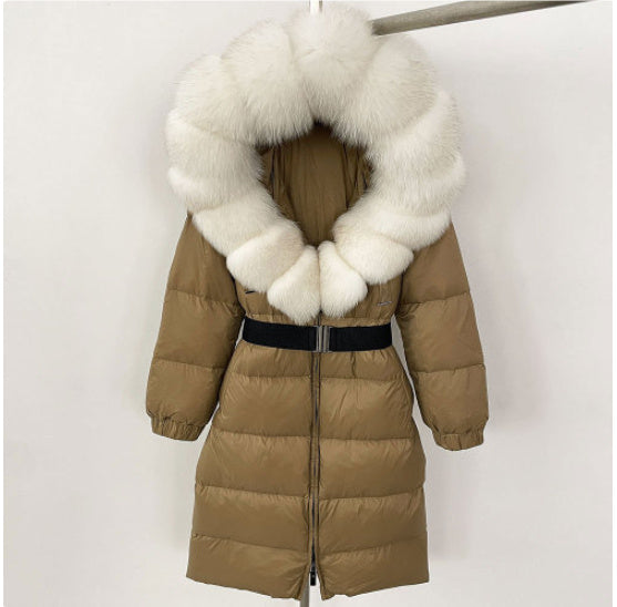 Manteau long à capuche et col en vraie fourrure de renard pour femme