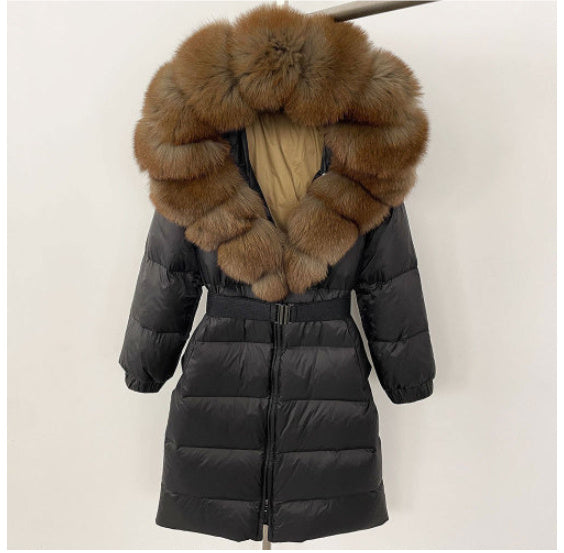 Manteau long à capuche et col en vraie fourrure de renard pour femme