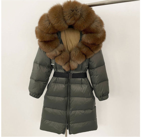 Manteau long à capuche et col en vraie fourrure de renard pour femme