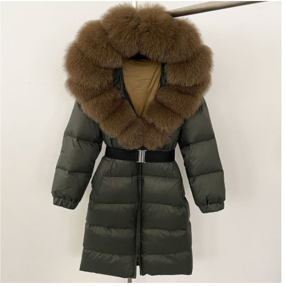 Manteau long à capuche et col en vraie fourrure de renard pour femme