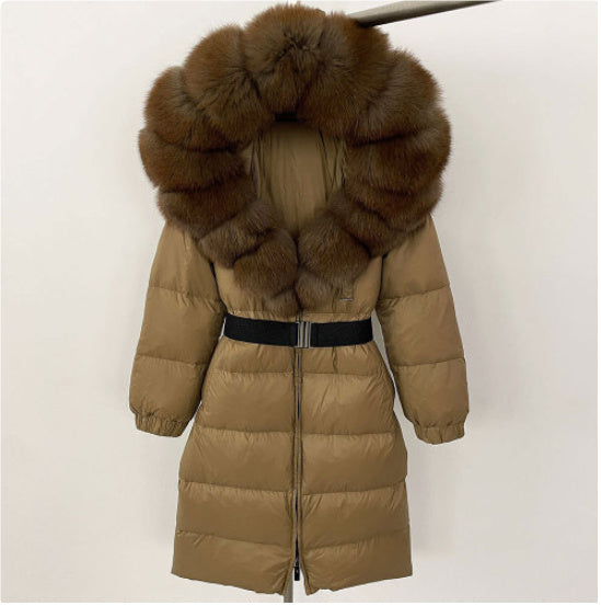 Manteau long à capuche et col en vraie fourrure de renard pour femme