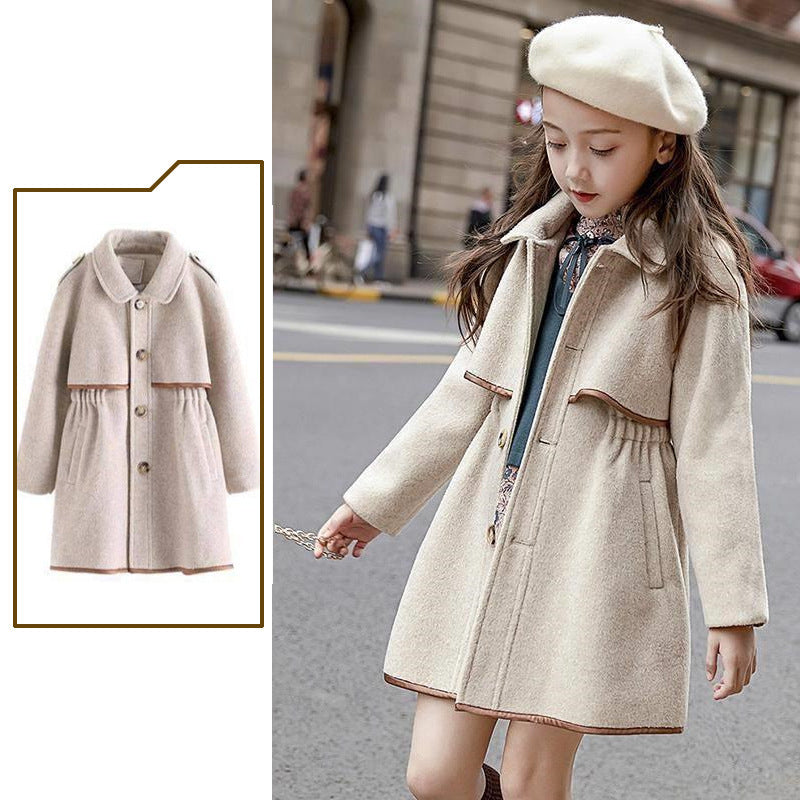 Older Children's Solid Color Woolen Coat, British Fashion Mid-length Coat, Waist Thickened