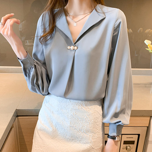 Business-Chiffon-Shirt mit V-Ausschnitt und Langarm – Lockerer Schnitt