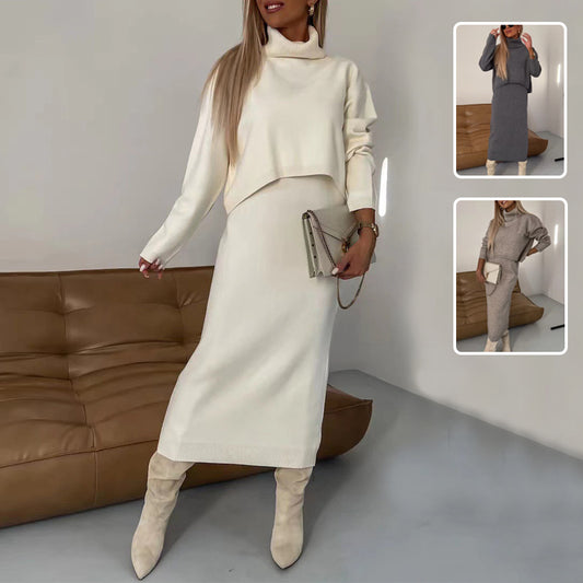 **Damen 2-teiliges Winter Sweater Set: Rollkragenpullover & Ärmelloses Longkleid**