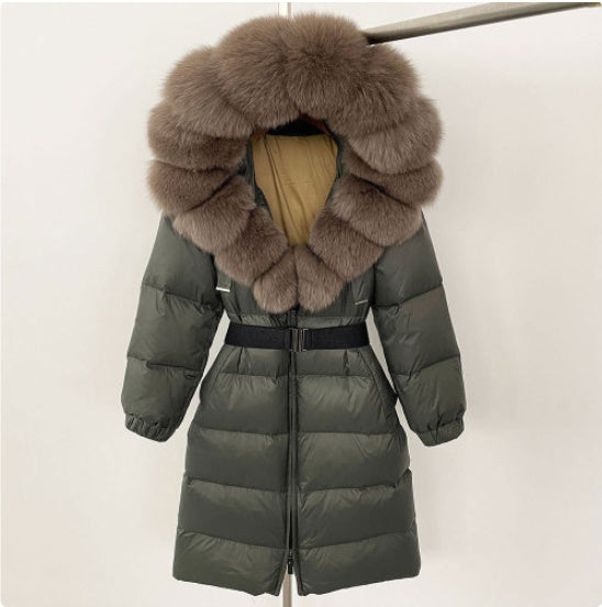 Manteau long à capuche et col en vraie fourrure de renard pour femme