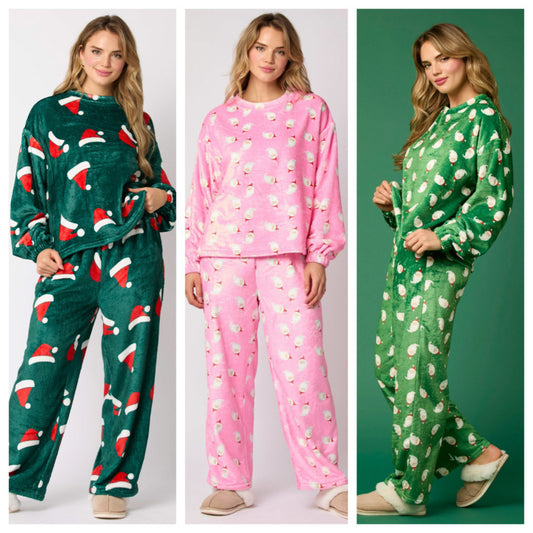 **Ensemble pyjama en flanelle pour femme 2025 : 2 pièces, manches longues, motif Père Noël**