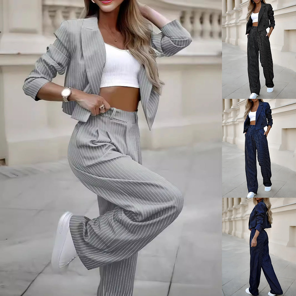 **Modisches gestreiftes Set: Crop Top mit Revers und Gerade Hosen für Damen**