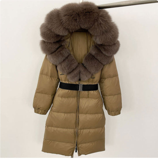 Manteau long à capuche et col en vraie fourrure de renard pour femme