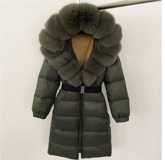 Manteau long à capuche et col en vraie fourrure de renard pour femme