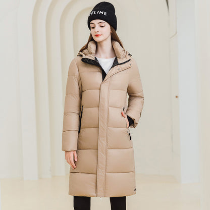 Manteau d'hiver chaud à capuche avec poches, veste longue en coton simple et tendance, couleur unie, vêtements d'extérieur pour femmes