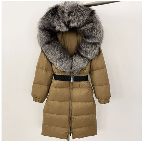 Manteau long à capuche et col en vraie fourrure de renard pour femme