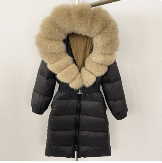 Manteau long à capuche et col en vraie fourrure de renard pour femme